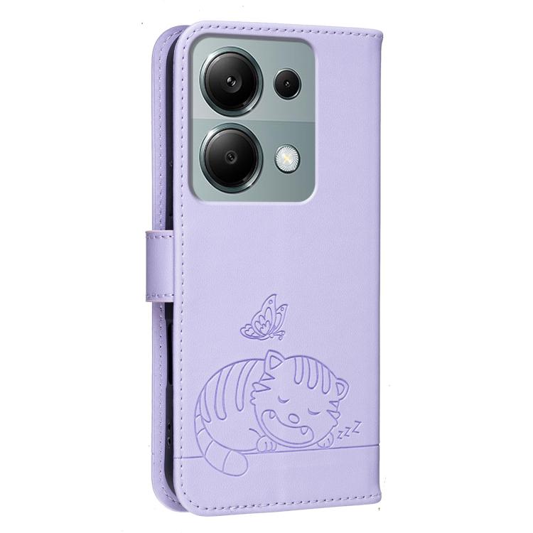 For Redmi Note 13 Pro 4G Cat Butterfly Embossed RFID Vegan Leather Phone Case with Strap