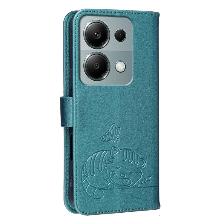 For Redmi Note 13 Pro 4G Cat Butterfly Embossed RFID Vegan Leather Phone Case with Strap