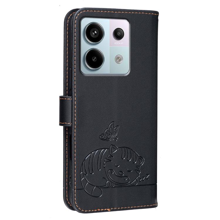For Redmi Note 13 Pro Cat Butterfly Embossed RFID Vegan Leather Phone Case with Strap