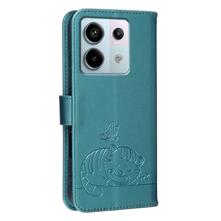For Redmi Note 13 Pro Cat Butterfly Embossed RFID Vegan Leather Phone Case with Strap