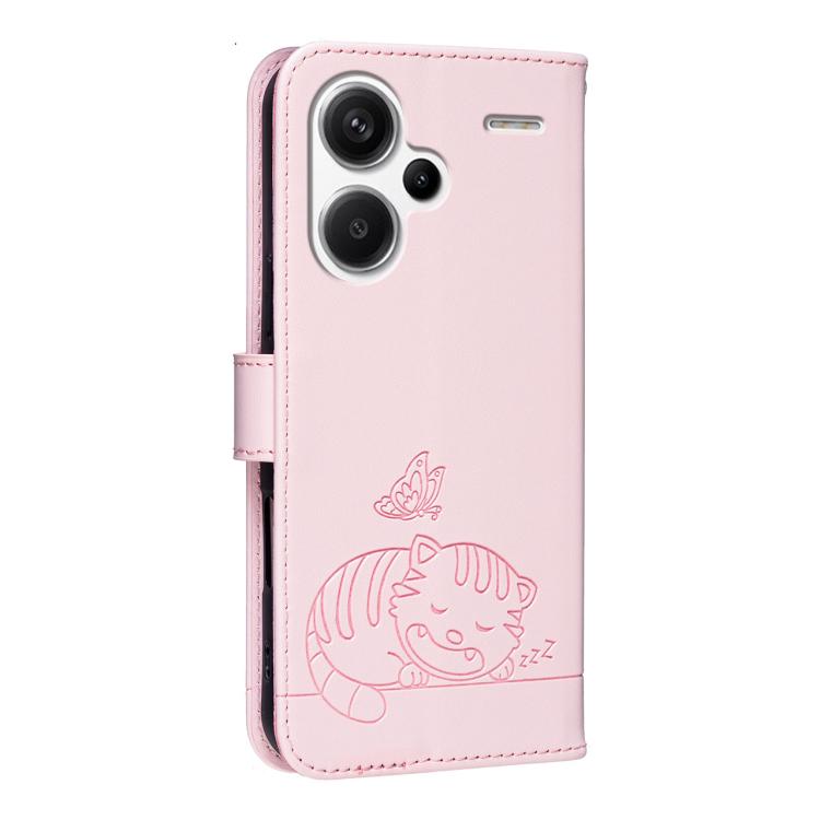 For Redmi Note 13 Pro+ Cat Butterfly Embossed RFID Vegan Leather Phone Case with Strap