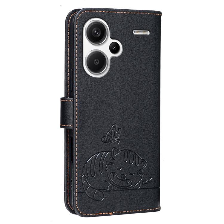 For Redmi Note 13 Pro+ Cat Butterfly Embossed RFID Vegan Leather Phone Case with Strap