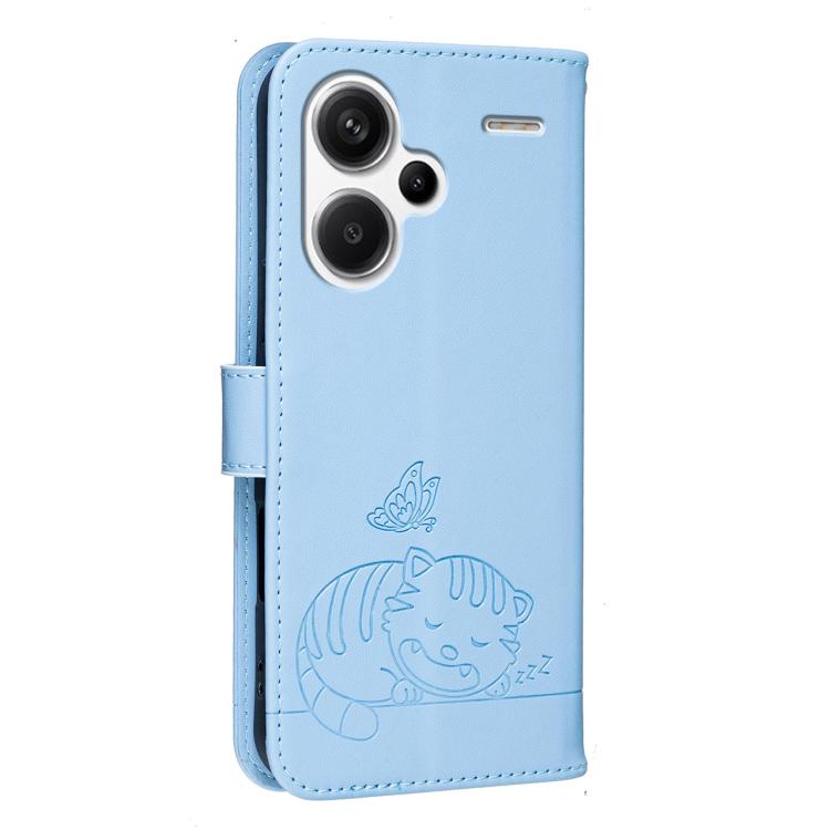For Redmi Note 13 Pro+ Cat Butterfly Embossed RFID Vegan Leather Phone Case with Strap