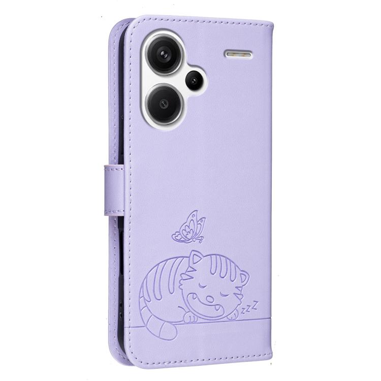 For Redmi Note 13 Pro+ Cat Butterfly Embossed RFID Vegan Leather Phone Case with Strap