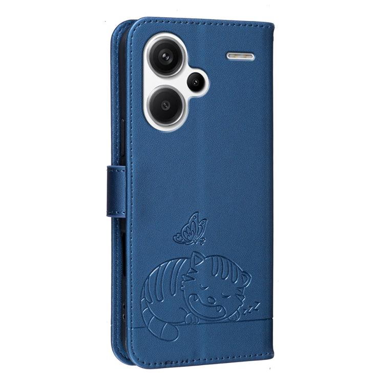 For Redmi Note 13 Pro+ Cat Butterfly Embossed RFID Vegan Leather Phone Case with Strap