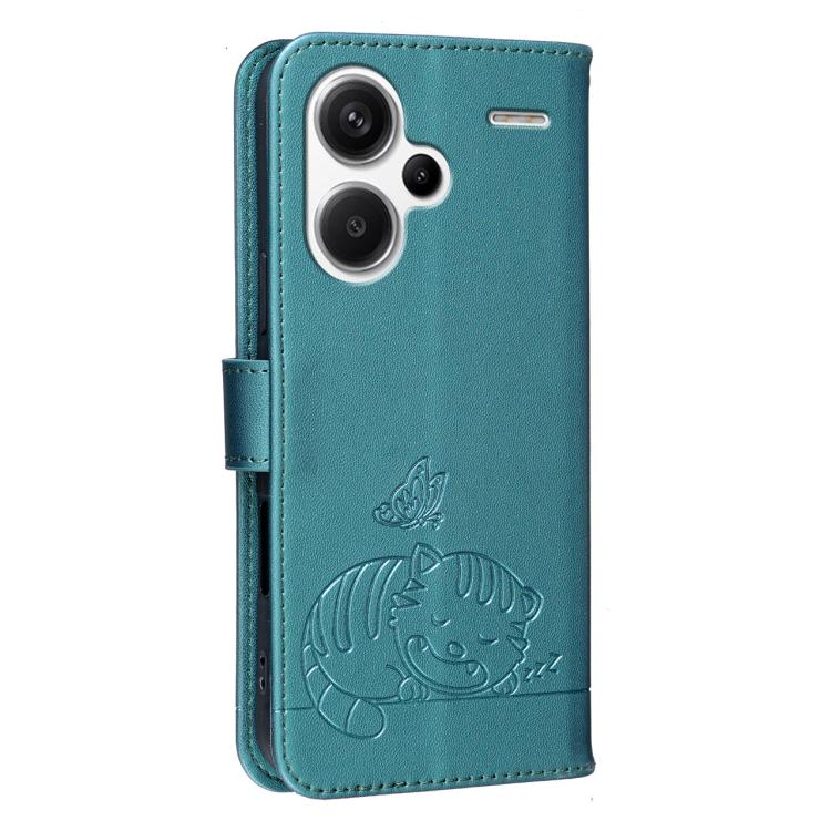 For Redmi Note 13 Pro+ Cat Butterfly Embossed RFID Vegan Leather Phone Case with Strap