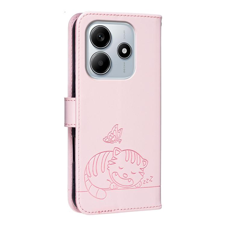 For Redmi Note 14 5G Cat Butterfly Embossed RFID Vegan Leather Phone Case with Strap