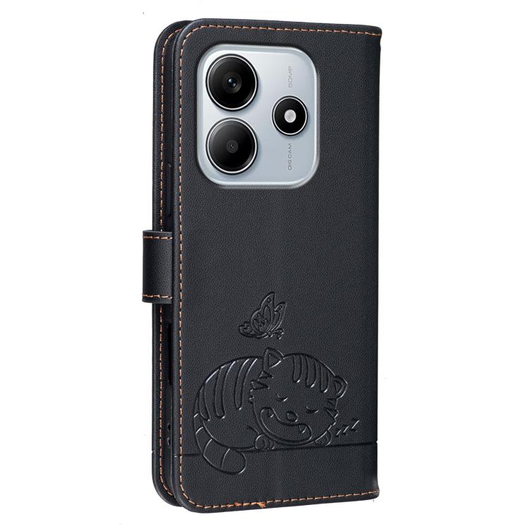 For Redmi Note 14 5G Cat Butterfly Embossed RFID Vegan Leather Phone Case with Strap