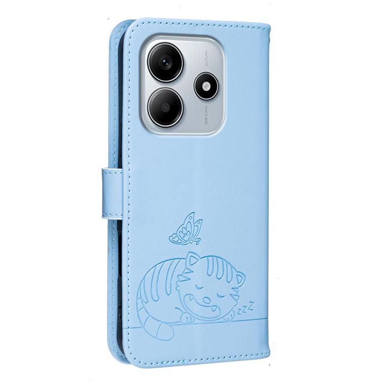 For Redmi Note 14 5G Cat Butterfly Embossed RFID Vegan Leather Phone Case with Strap