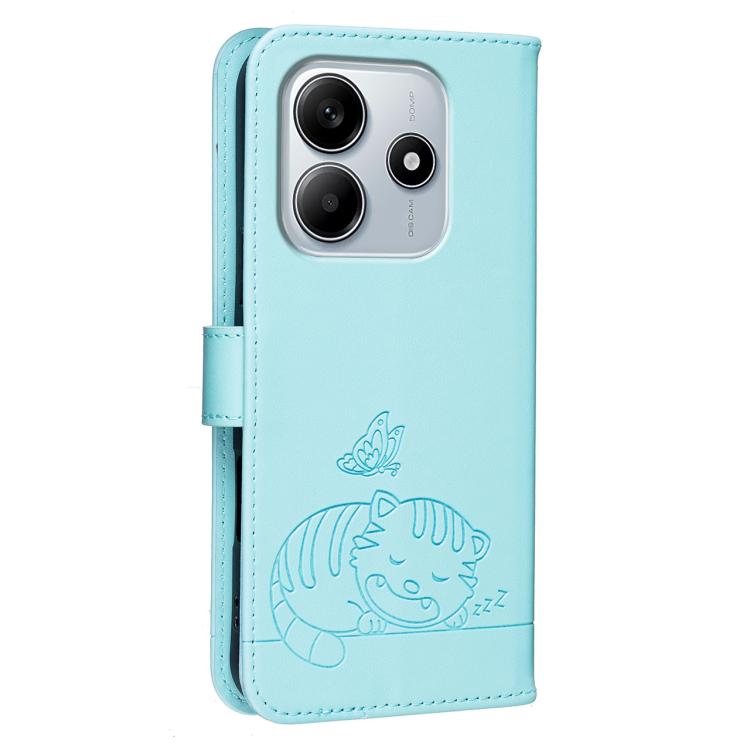 For Redmi Note 14 5G Cat Butterfly Embossed RFID Vegan Leather Phone Case with Strap