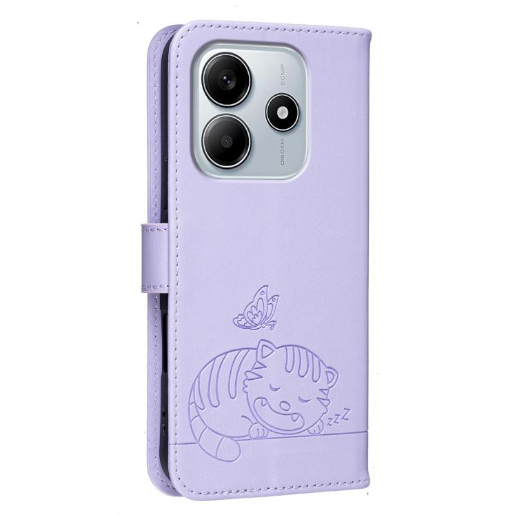 For Redmi Note 14 5G Cat Butterfly Embossed RFID Vegan Leather Phone Case with Strap