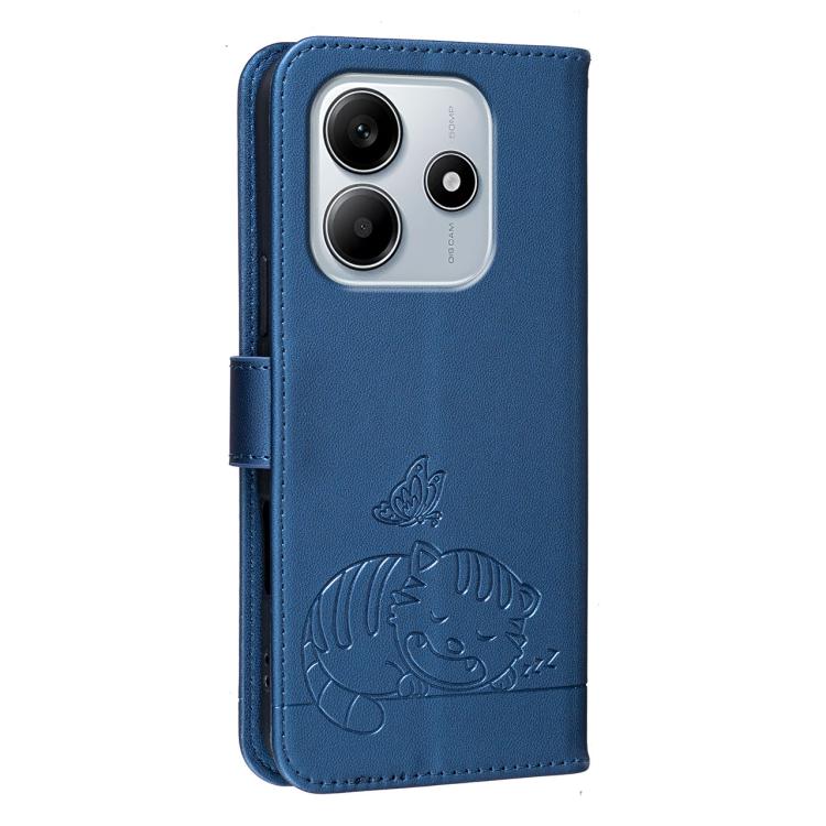 For Redmi Note 14 5G Cat Butterfly Embossed RFID Vegan Leather Phone Case with Strap