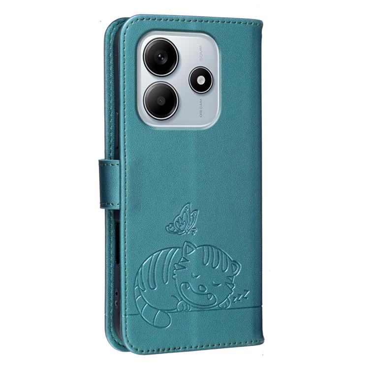 For Redmi Note 14 5G Cat Butterfly Embossed RFID Vegan Leather Phone Case with Strap