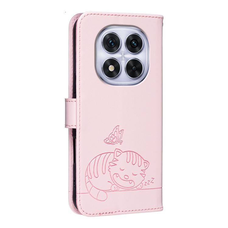 For Redmi Note 14 Pro 4G Cat Butterfly Embossed RFID Vegan Leather Phone Case with Strap