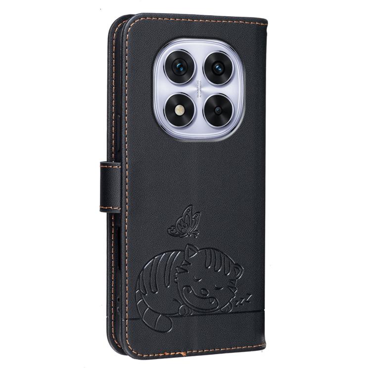 For Redmi Note 14 Pro 4G Cat Butterfly Embossed RFID Vegan Leather Phone Case with Strap