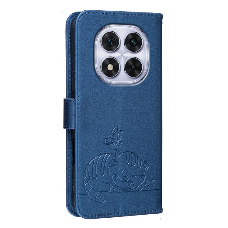 For Redmi Note 14 Pro 4G Cat Butterfly Embossed RFID Vegan Leather Phone Case with Strap