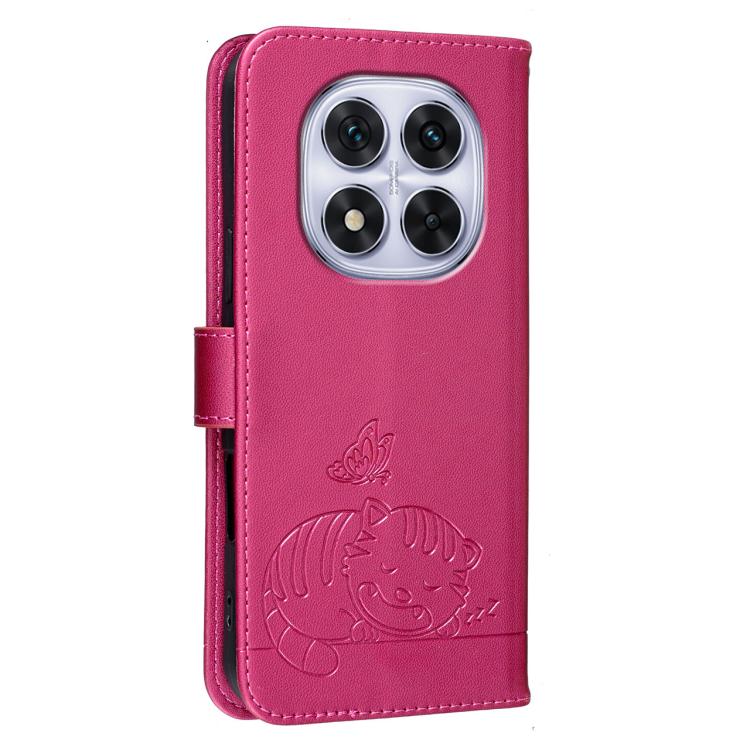 For Redmi Note 14 Pro 5G Cat Butterfly Embossed RFID Vegan Leather Phone Case with Strap