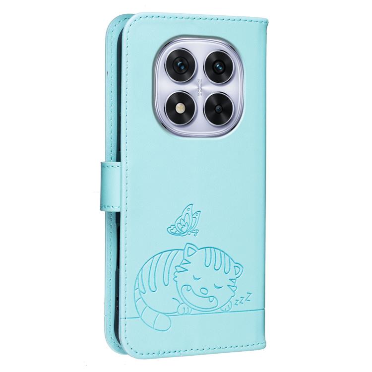For Redmi Note 14 Pro 5G Cat Butterfly Embossed RFID Vegan Leather Phone Case with Strap