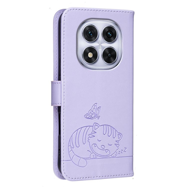 For Redmi Note 14 Pro 5G Cat Butterfly Embossed RFID Vegan Leather Phone Case with Strap
