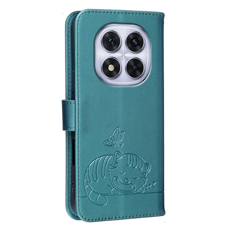 For Redmi Note 14 Pro 5G Cat Butterfly Embossed RFID Vegan Leather Phone Case with Strap