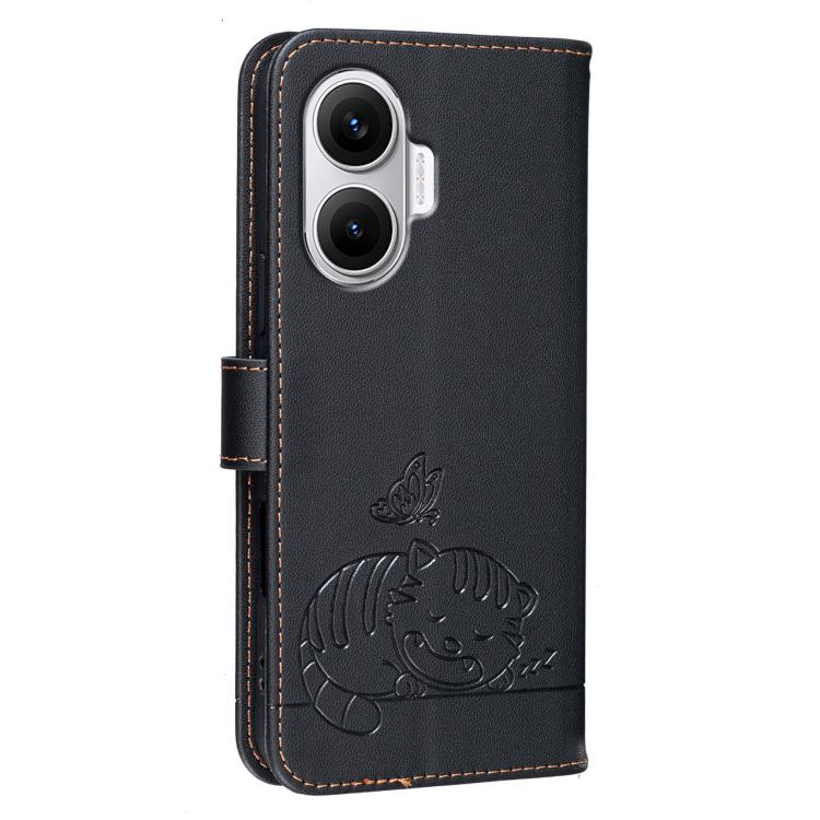 For Redmi Turbo 4 Cat Butterfly Embossed RFID Vegan Leather Phone Case with Strap