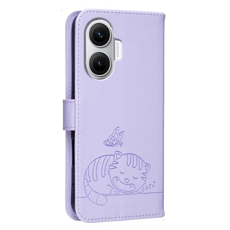For Redmi Turbo 4 Cat Butterfly Embossed RFID Vegan Leather Phone Case with Strap