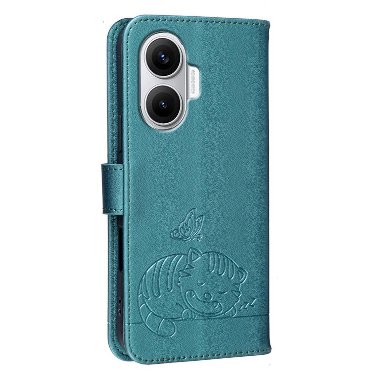 For Redmi Turbo 4 Cat Butterfly Embossed RFID Vegan Leather Phone Case with Strap
