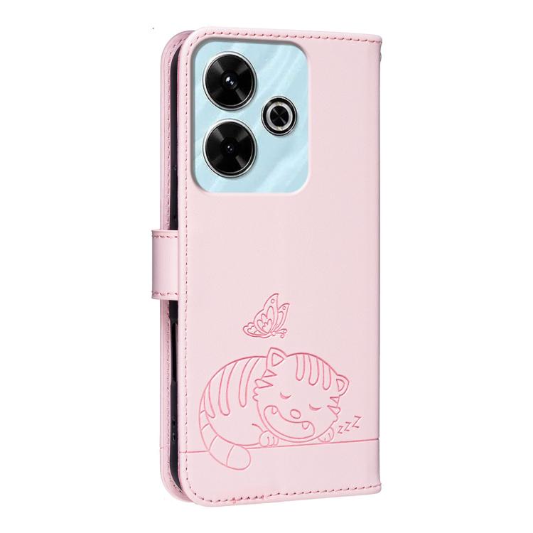 For Redmi Turbo 3 Cat Butterfly Embossed RFID Vegan Leather Phone Case with Strap