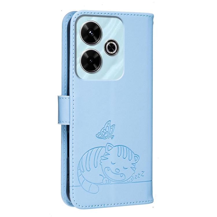 For Redmi Turbo 3 Cat Butterfly Embossed RFID Vegan Leather Phone Case with Strap