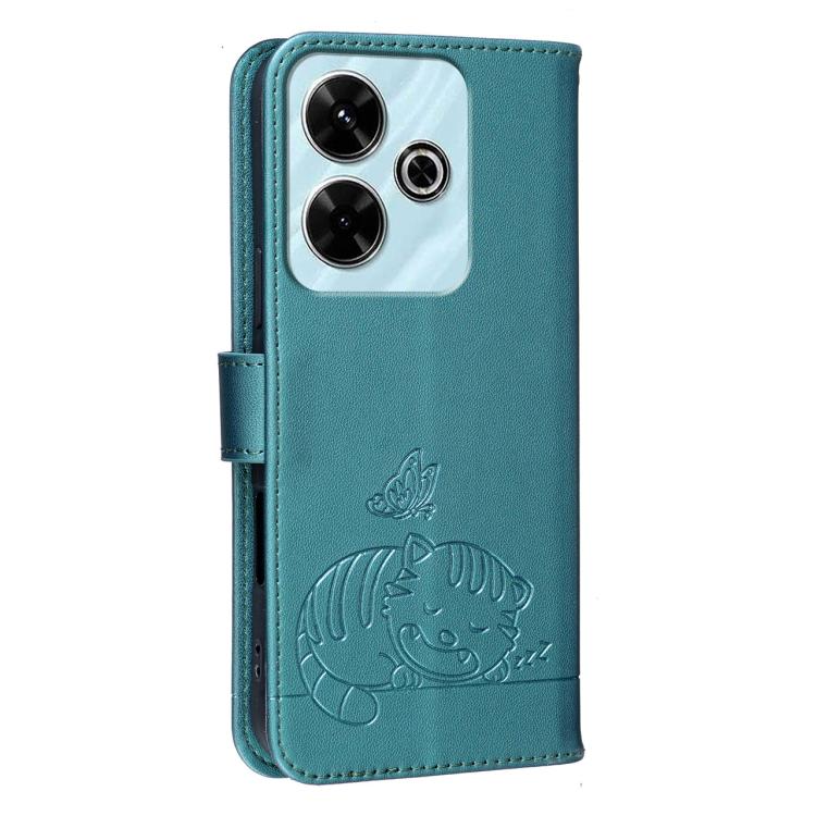 For Redmi Turbo 3 Cat Butterfly Embossed RFID Vegan Leather Phone Case with Strap