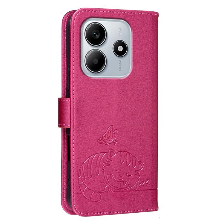 For Redmi Note 14 4G 164.84mm Cat Butterfly Embossed RFID Vegan Leather Phone Case with Strap