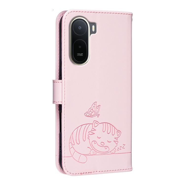 For Redmi A7 Pro 4G 171mm Cat Butterfly Embossed RFID Vegan Leather Phone Case with Strap