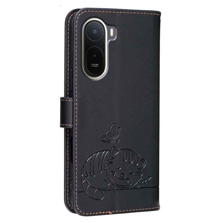 For Redmi A7 Pro 4G 171mm Cat Butterfly Embossed RFID Vegan Leather Phone Case with Strap