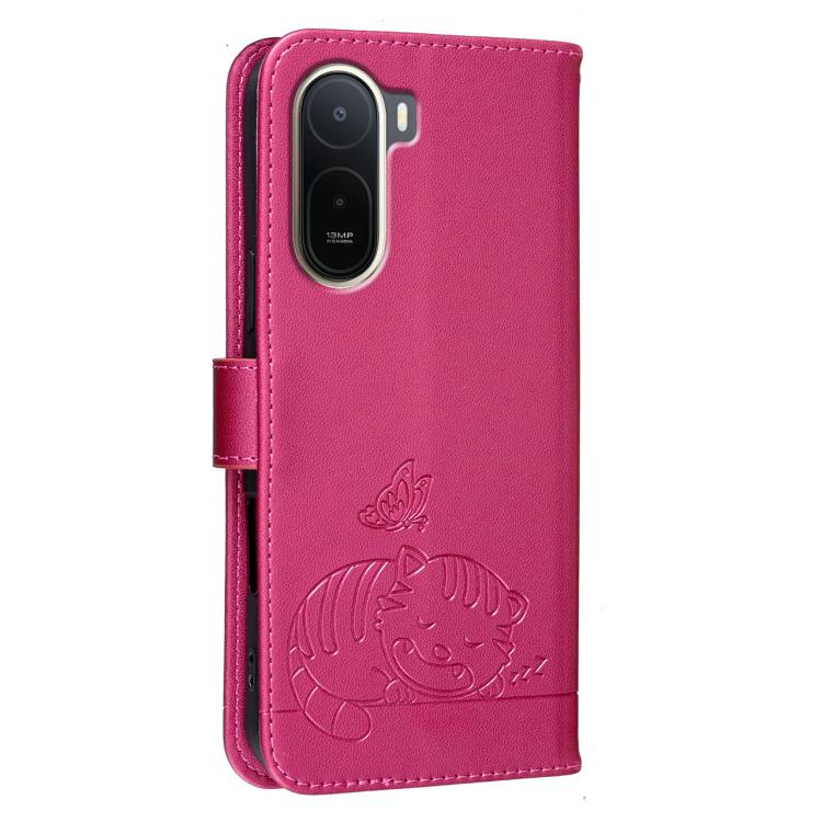 For Redmi A7 Pro 4G 171mm Cat Butterfly Embossed RFID Vegan Leather Phone Case with Strap