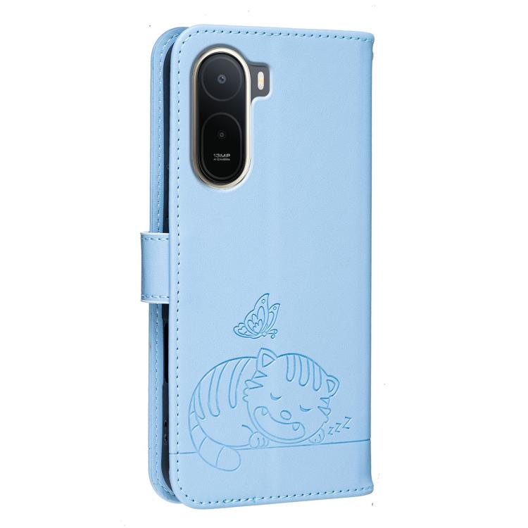 For Redmi A7 Pro 4G 171mm Cat Butterfly Embossed RFID Vegan Leather Phone Case with Strap