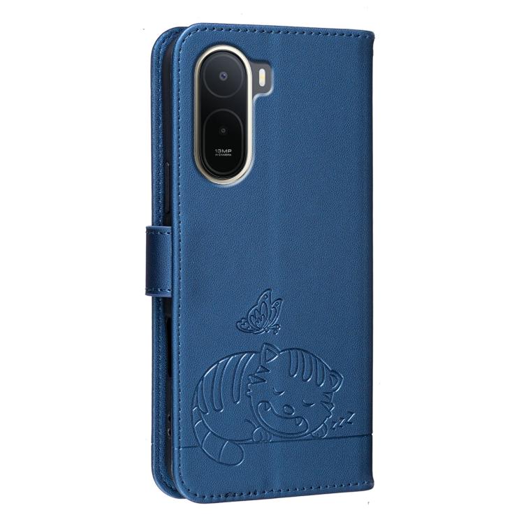 For Redmi A7 Pro 4G 171mm Cat Butterfly Embossed RFID Vegan Leather Phone Case with Strap