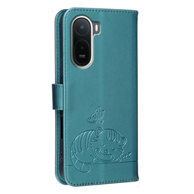 For Redmi A7 Pro 4G 171mm Cat Butterfly Embossed RFID Vegan Leather Phone Case with Strap