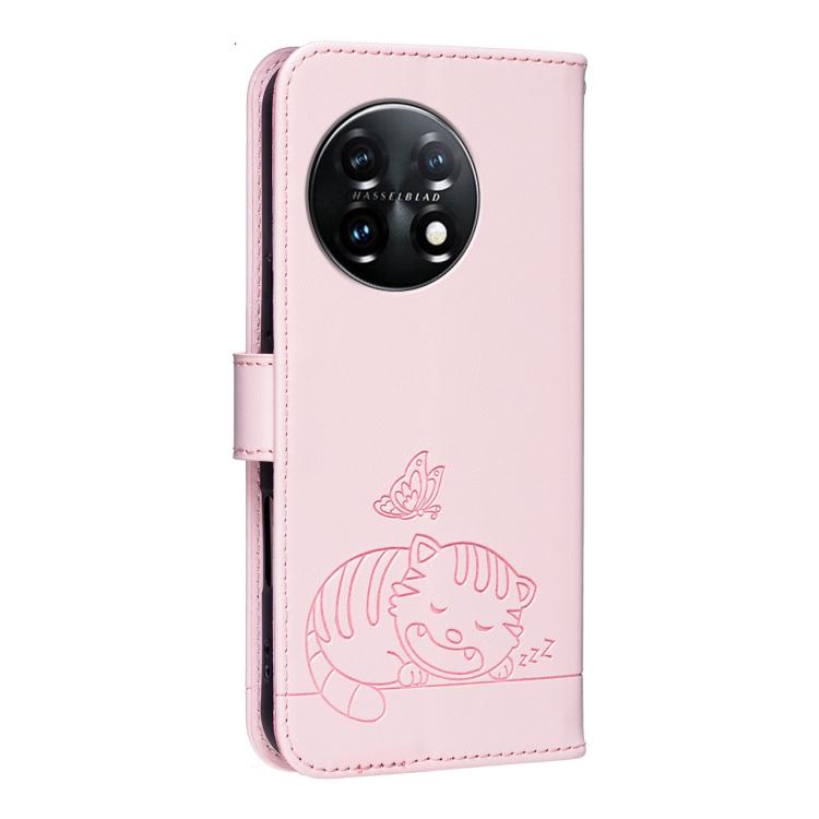 For OnePlus 11 Cat Butterfly Embossed RFID Vegan Leather Phone Case with Strap