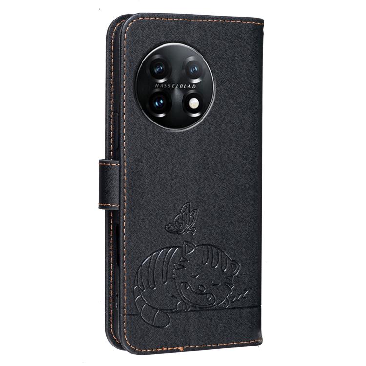 For OnePlus 11 Cat Butterfly Embossed RFID Vegan Leather Phone Case with Strap
