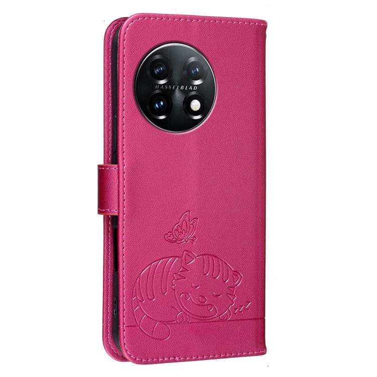 For OnePlus 11 Cat Butterfly Embossed RFID Vegan Leather Phone Case with Strap