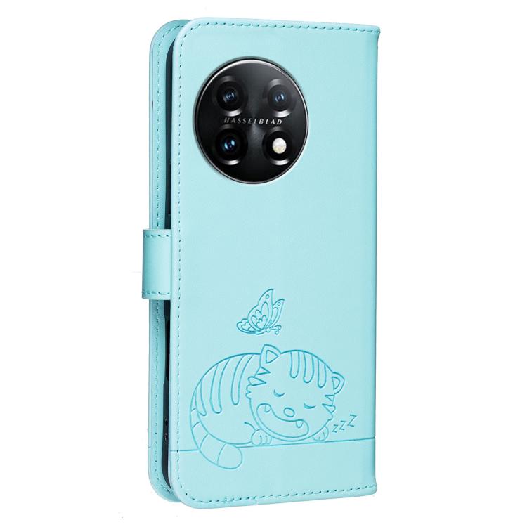 For OnePlus 11 Cat Butterfly Embossed RFID Vegan Leather Phone Case with Strap