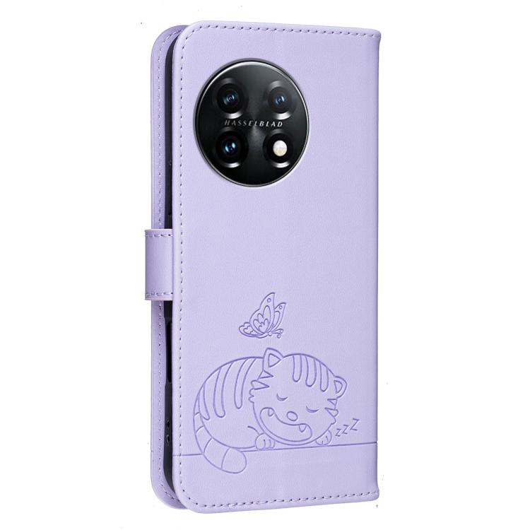 For OnePlus 11 Cat Butterfly Embossed RFID Vegan Leather Phone Case with Strap