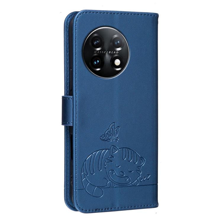 For OnePlus 11 Cat Butterfly Embossed RFID Vegan Leather Phone Case with Strap