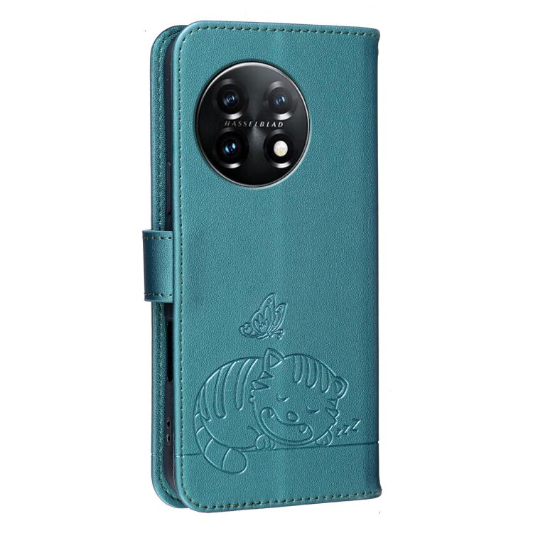 For OnePlus 11 Cat Butterfly Embossed RFID Vegan Leather Phone Case with Strap