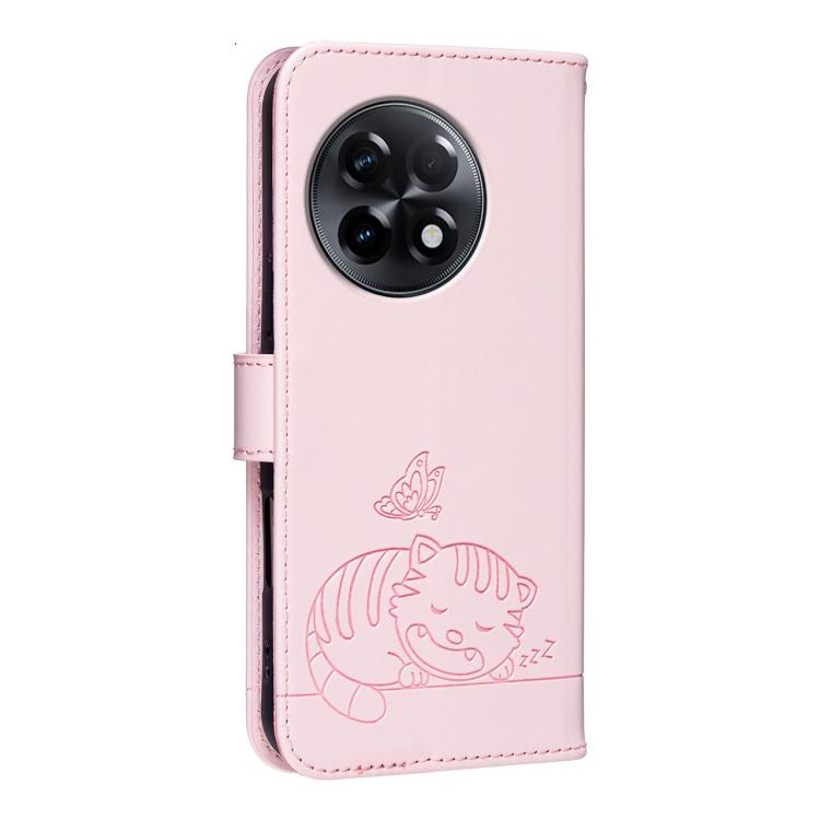 For OnePlus 11R Cat Butterfly Embossed RFID Vegan Leather Phone Case with Strap