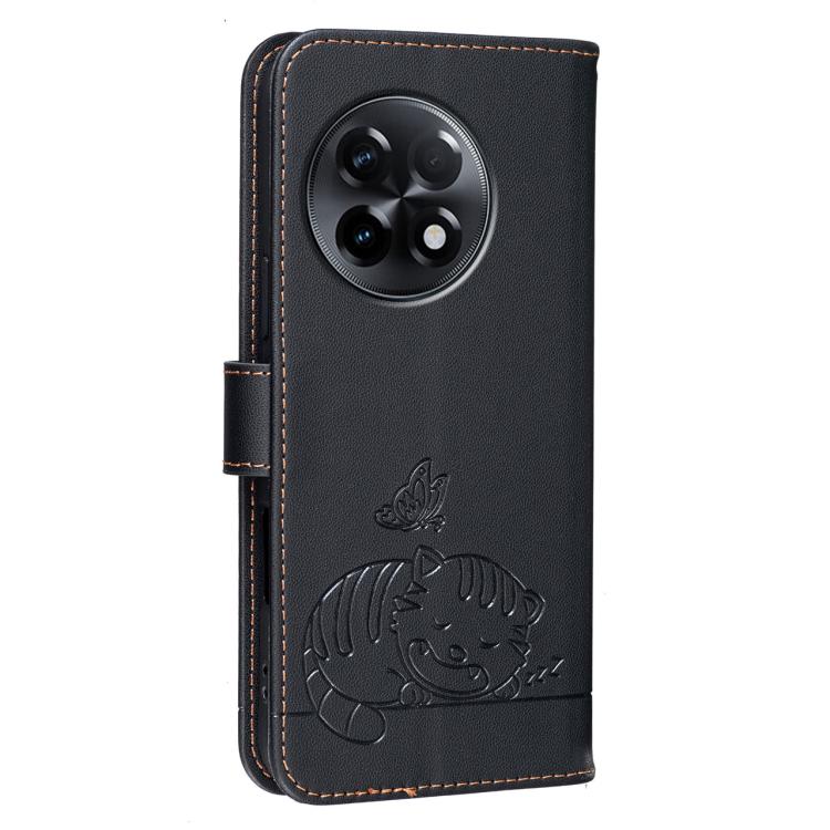 For OnePlus 11R Cat Butterfly Embossed RFID Vegan Leather Phone Case with Strap