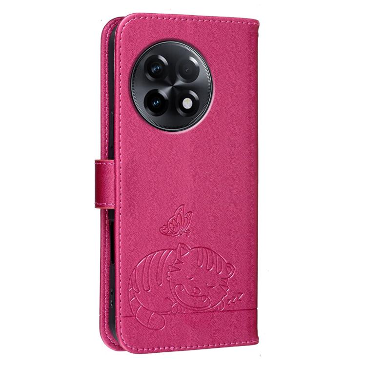 For OnePlus 11R Cat Butterfly Embossed RFID Vegan Leather Phone Case with Strap