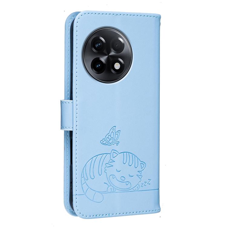For OnePlus 11R Cat Butterfly Embossed RFID Vegan Leather Phone Case with Strap