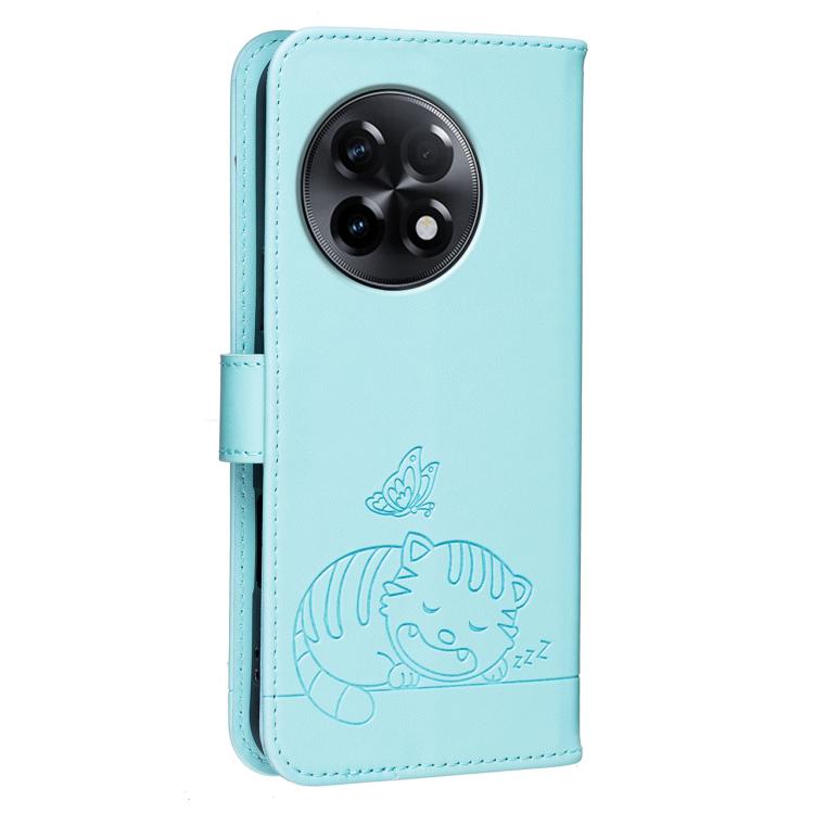 For OnePlus 11R Cat Butterfly Embossed RFID Vegan Leather Phone Case with Strap