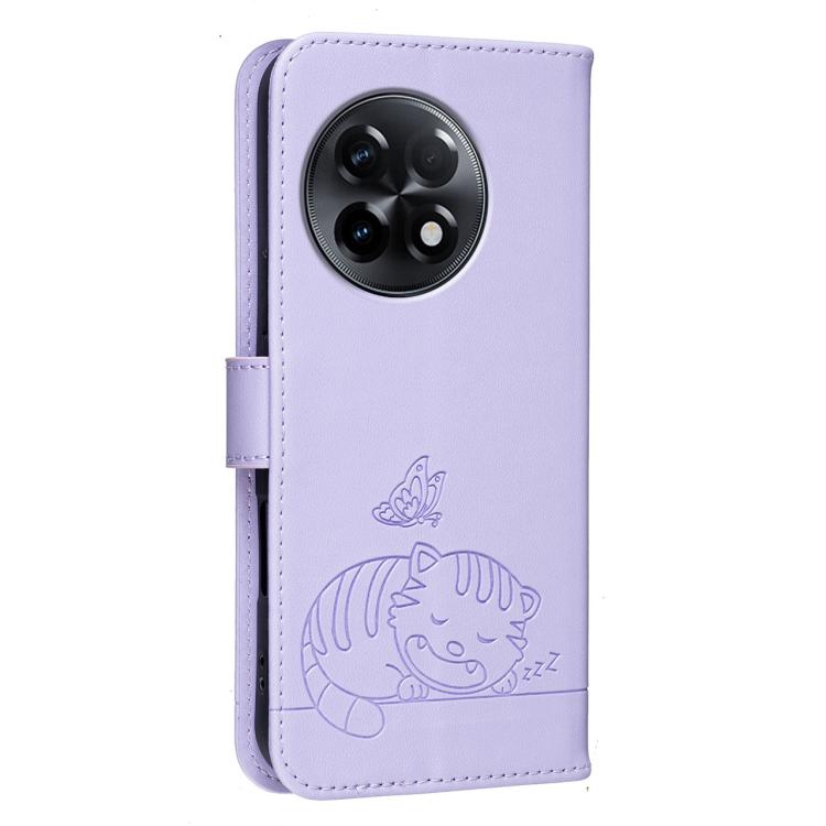 For OnePlus 11R Cat Butterfly Embossed RFID Vegan Leather Phone Case with Strap